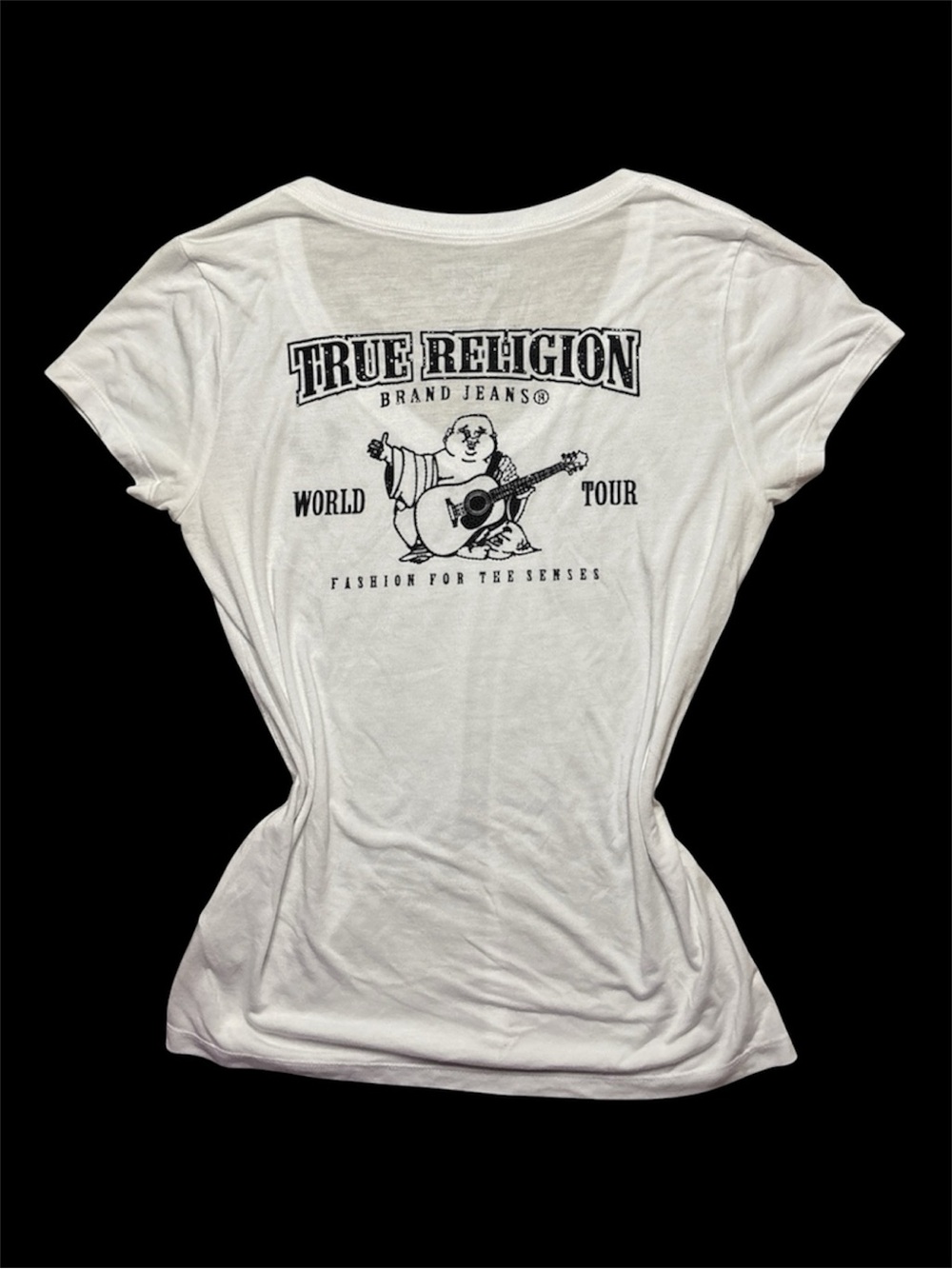 True Religion Rhinestone Horseshoe Buddha World Tour V-Neck Tee Large